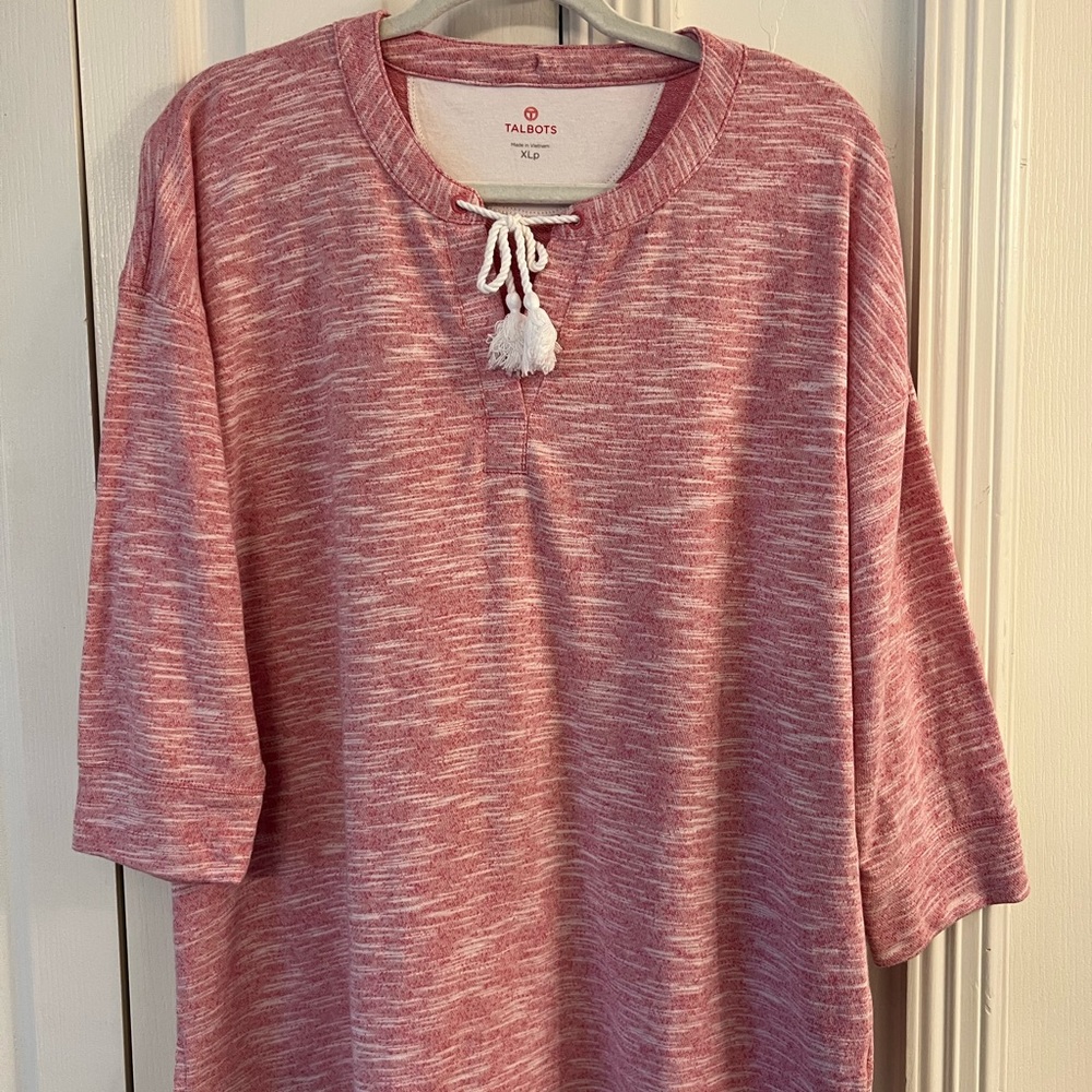 Talbots Pink XL Petite XLP Heathered Top White Tassel Tie